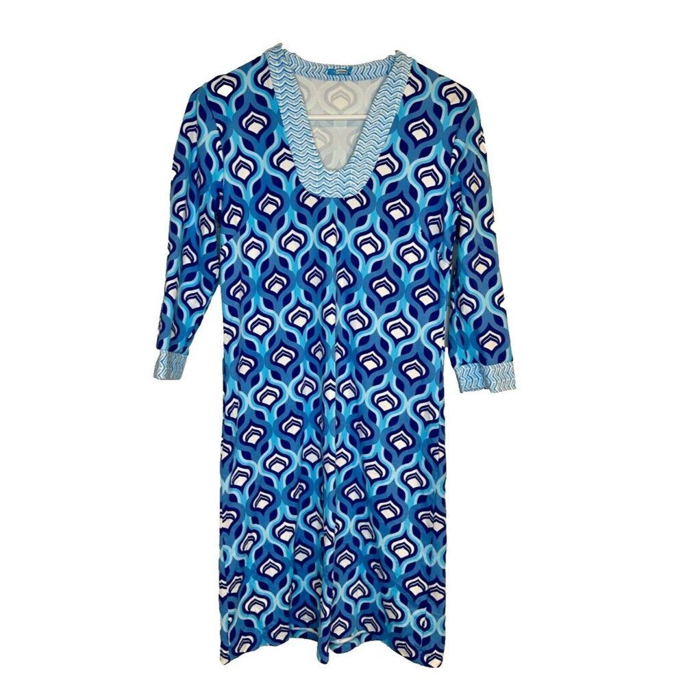 J McLaughlin Catalina Cloth Blue White Printed V Neck Dress SM Resortwear Beach